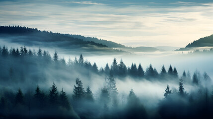 Fog rolling over a mystical forest at dawn.