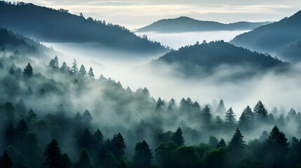 Fog rolling over a mystical forest at dawn. - obrazy, fototapety, plakaty