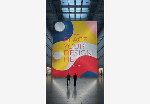 Gallery Frame Mockup Template with Two People Standing in Front of Large White Cross-Shaped Object Under Skylight