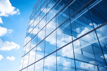 Close-up of the exterior of a modern glass skyscraper reflecting the blue sky and clouds.