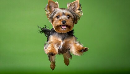 yorkshire terrier dog jumping on green background