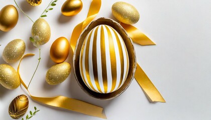 easter golden with striped patternd egg on white background minimal easter concept happy easter card with copy space for text top view flatlay concept for banner flyer invitation