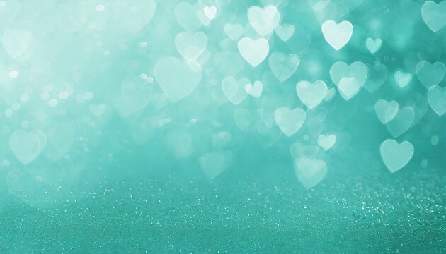 bright turquoise aquamarine pastel abstract template texture background banner panorama with hearts and bokeh lights concept mother s day valentine s day birthday christmas wedding and copy space