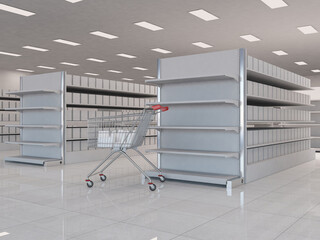 aisle of the supermarket with a shopping cart parked amidst and filled with a variety of grocery items and products. Perspective view. 3d rendering illustration © Adil Bouimama