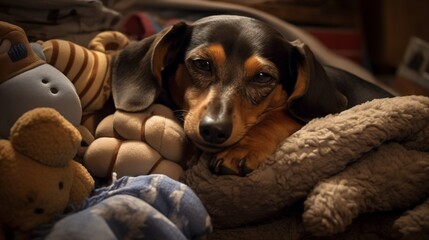 A contented dachshund lying on a soft blanket, surrounded by plush toys and a cozy atmosphere.
