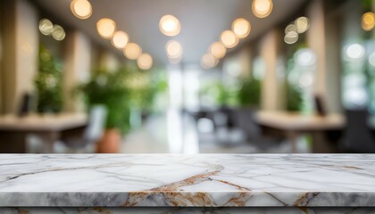 marble stone tabletop and blurred bokeh office interior space background can used for display or...