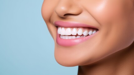Obraz premium Beautiful woman's smile with healthy white, straight teeth close-up on light-blue background with space for text