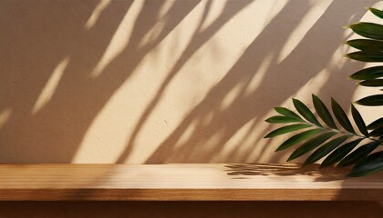 blank brown wooden counter table in soft sunlight leaf shadow on beige texture wallpaper wall for...