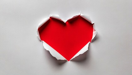 torn heart shaped hole in white paper top view red space for text