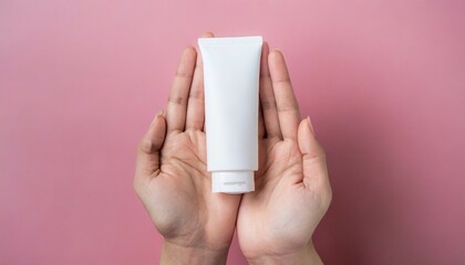white bottle plastic tube in hands on pink background packaging for vitamins pill or capsule or supplement mockup for product branding