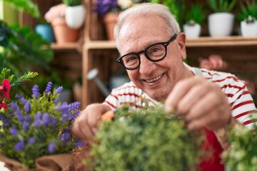 Middle age grey-haired man florist cutting plant at flower shop