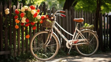 Fototapeta na wymiar A bicycle parked against a fence, surrounded by blooming flowers, capturing the simplicity and charm of a sunny day.
