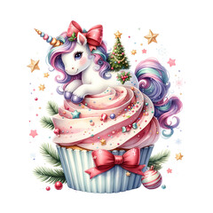 A Watercolor Christmas Cupcake Unicorn Animal Clipart, Watercolor Sublimation design