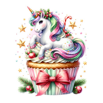 A Watercolor Christmas Cupcake Unicorn Animal Clipart, Watercolor Sublimation design