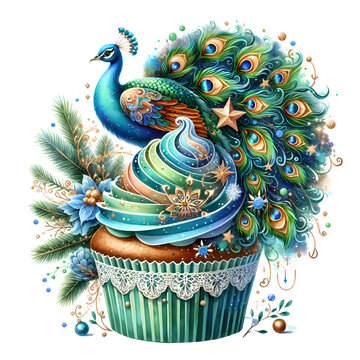 A Watercolor Christmas Cupcake Peacock Animal Clipart, Watercolor Sublimation design