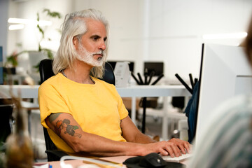 Adult long gray hair man using computer while sitting at office desk