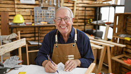 Smiling white-haired senior man, a professional carpenter, confidently taking notes at carpentry table in a workshop, timber flying, surrounded by tools, woodwork projects and furniture elements.
