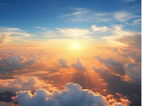 the camera view from the plane window , the
sky and big cloud in golden sunlight very
beautiful, AI generated 