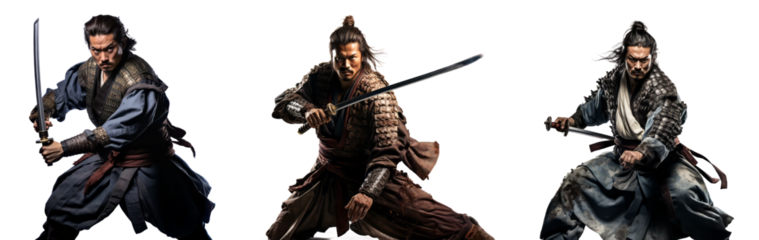 collection of samurai, asian warrior in combat action isolated on transparent background