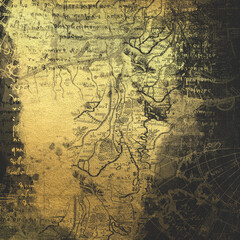 Black and gold vintage map. Creative scrapbook paper design. Decorative backdrop with leather texture