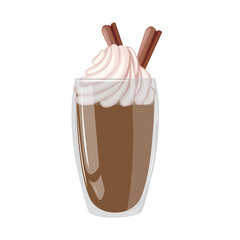 Cartoon coffee with whipped cream and cinnamon Christmas drink, hot chocolate or coffee.Clip art for Christmas, cafe or dessert shops, menu designs, element etc