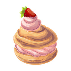 Profiteroles with strawberry cream in cartoon style. Vector illustration for poster, banner, website, advertising. Vector illustration with colorful sweet dessert.