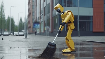 Robotic outdoor street cleaner efficiently tidying and washing outdoors, illustrating the concept of artificial intelligence. Robotics cleaning tasks cause potential job displacement.