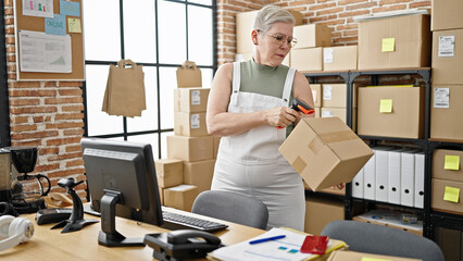 Middle age grey-haired woman ecommerce business worker scanning package using computer at office