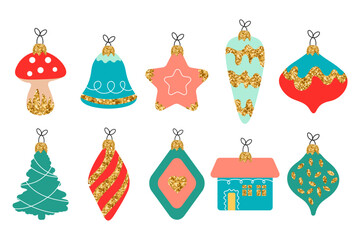 Set of vintage Christmas toys with gold glitter, flat style. Cartoon illustration, decorative elements, vector