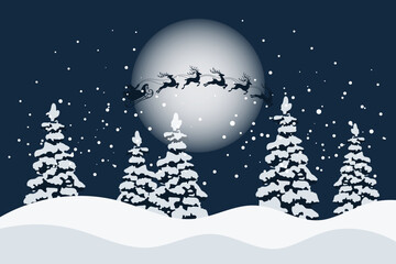 Fototapeta na wymiar Santa on a sleigh with reindeers in the sky with the moon, winter landscape with fir trees, silhouette. Christmas illustration, vector