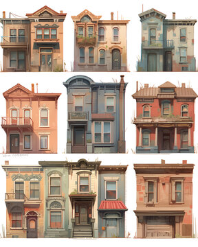 Set of buildings illustration in simple minimal cartoon style. City landscape elements, city constructor on white background, for websites, banners, covers, games