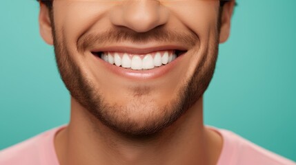 Beautiful man's smile with healthy white, straight teeth close-up on one tone background with space for text