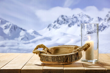 Desk of free space and winter landscape of mountains. Board with pedestal. Mockup background and...