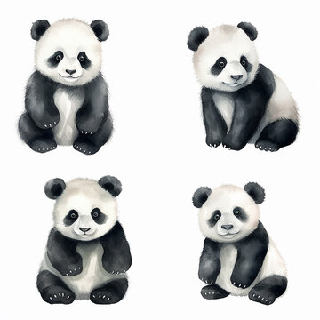 Set of cute panda bear watercolor isolated on white background.  illustration, isolate