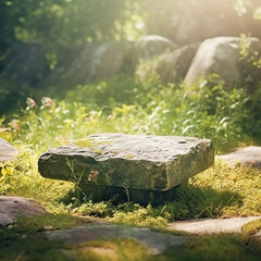 Stone table in outdoor grass nature sunlight square display background