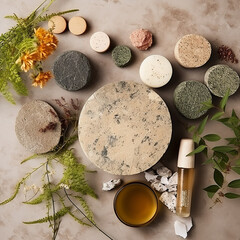 Top view , Natural cosmetics product background, banner. Serum or oil and cosmetic skin care, zero waste, eco friendly bathroom and spa accessories, volcanic aromatherapy stone and herbs. Earth tones
