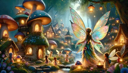 Enchanted Fairy Village at Twilight - obrazy, fototapety, plakaty