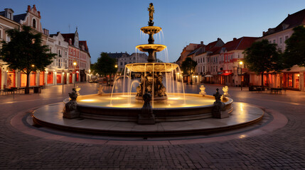 Historic town square with a central fountain and surrounding period architecture at twilight.