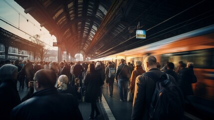 A crowded train platform during rush hour, capturing the dynamic and interconnected flow of daily commuter life. - obrazy, fototapety, plakaty