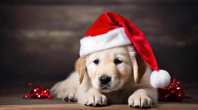 Golden retriever dog puppy with christmas red hat against wooden background. 