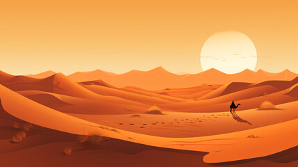 Fototapeta premium 2D flat vector of sahara desert during afternoon. The scorching sunlight makes the desert atmosphere very hot. 