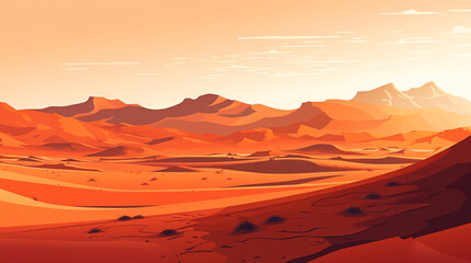 2D flat vector of sahara desert during afternoon. The scorching sunlight makes the desert atmosphere very hot.
