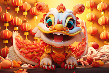 cute 3d cartoon Chinese dragon with lanterns and fans, new year background - obrazy, fototapety, plakaty