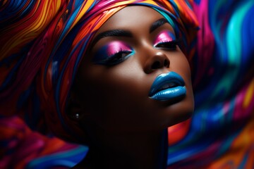 Multicoloured Bioluminescent Paint and Makeup Adorns a Beautiful Black Woman's Face. Colourful Paint and Makeup Transforms an African American Woman's Face into Stunning Work of Art.