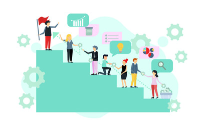 FLAT VECTOR ILUSTRATION OF TEAM WORK, BUSINESS PEOPLE WORKING, BUSINESS TEAM AND WORKING IN MARKETING AND FINANCE