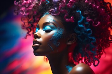 Multicoloured Bioluminescent Paint and Makeup Adorns a Beautiful Black Woman's Face. Colourful Paint and Makeup Transforms an African American Woman's Face into Stunning Work of Art.