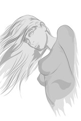 portrait sketch of a woman from a low angle on a white background