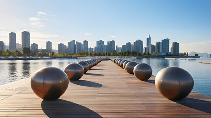 Modern waterfront promenade with artistic sculptures and skyline views in the background. - obrazy, fototapety, plakaty