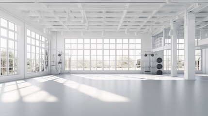 Interior of modern gym with white walls, concrete floor, row of gray barbells and big windows. 3d rendering - obrazy, fototapety, plakaty
