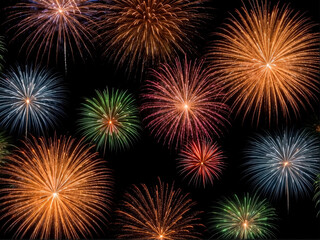 Fototapeta premium Multiple colorful fireworks on black isolated background, AI Generative